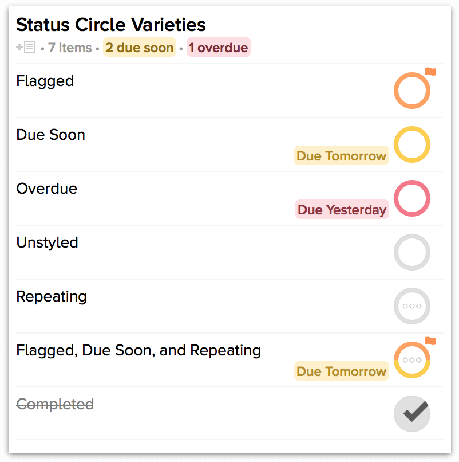 The various permutations of the status circle.