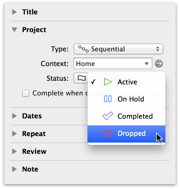 Dropping a project using the inspector