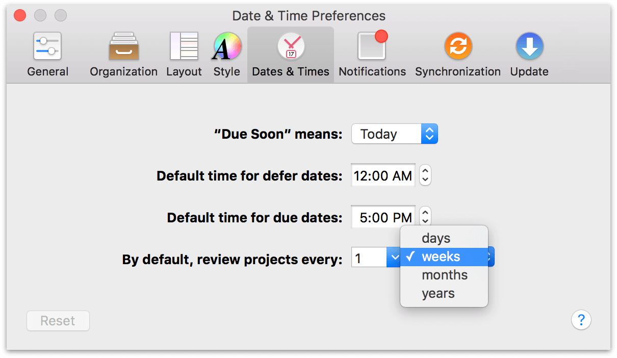 Use the Dates & Times preference to adjust how frequently you plan to review your projects