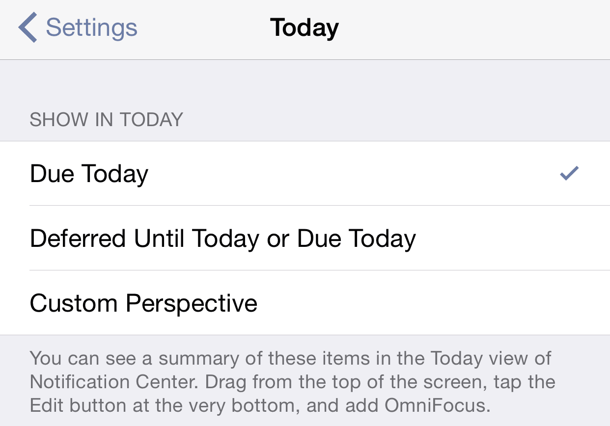 Today extension settings in OmniFocus for iOS.