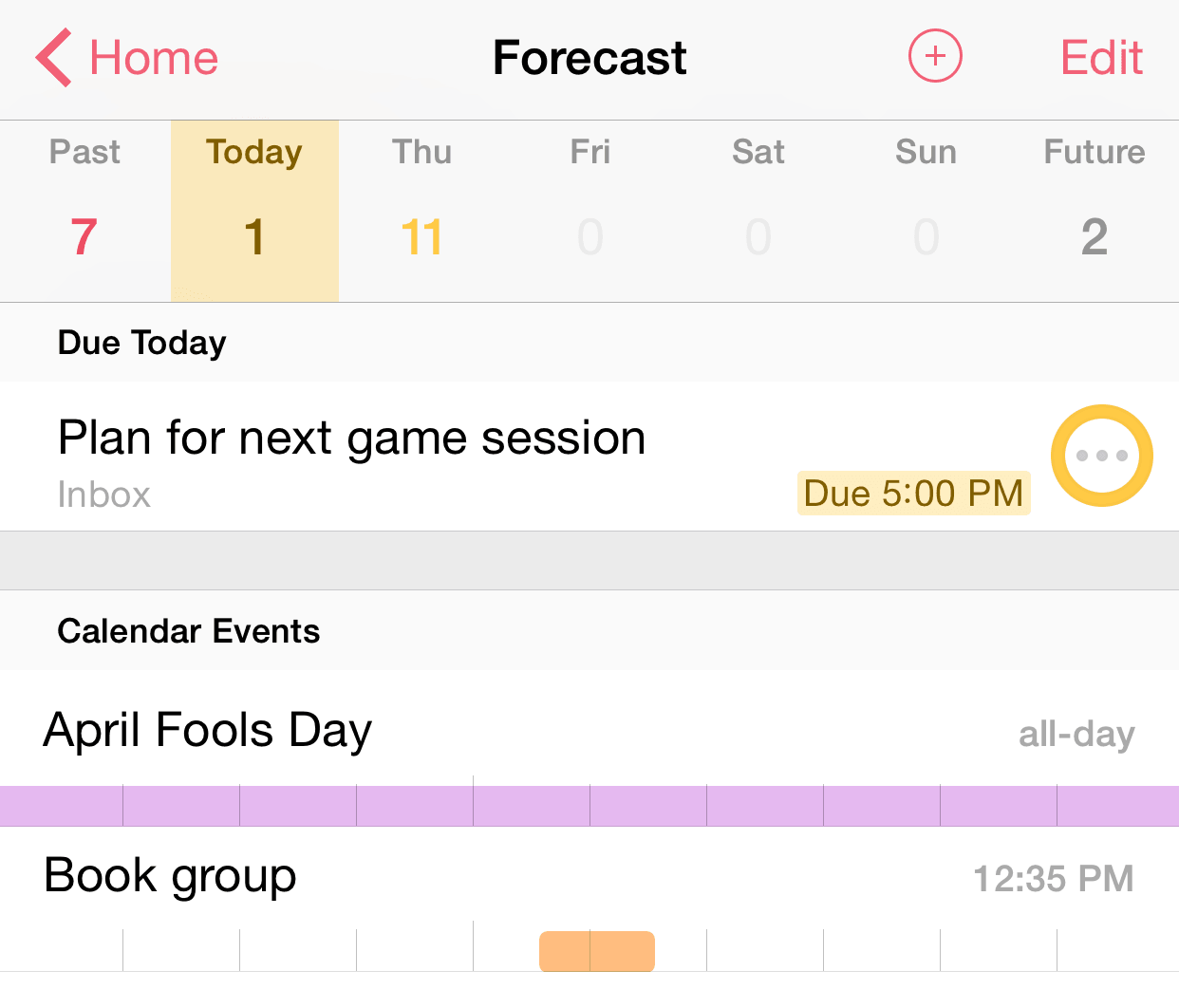 The Forecast perspective in OmniFocus 2 for iOS, on iPhone 6 Plus.