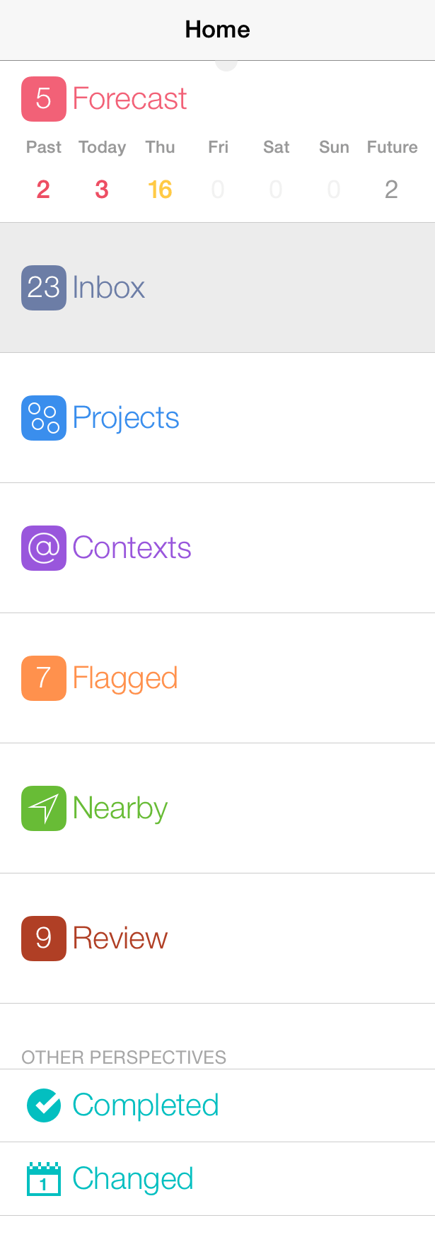 The default list of perspectives as shown in OmniFocus 2 for iOS on iPad.