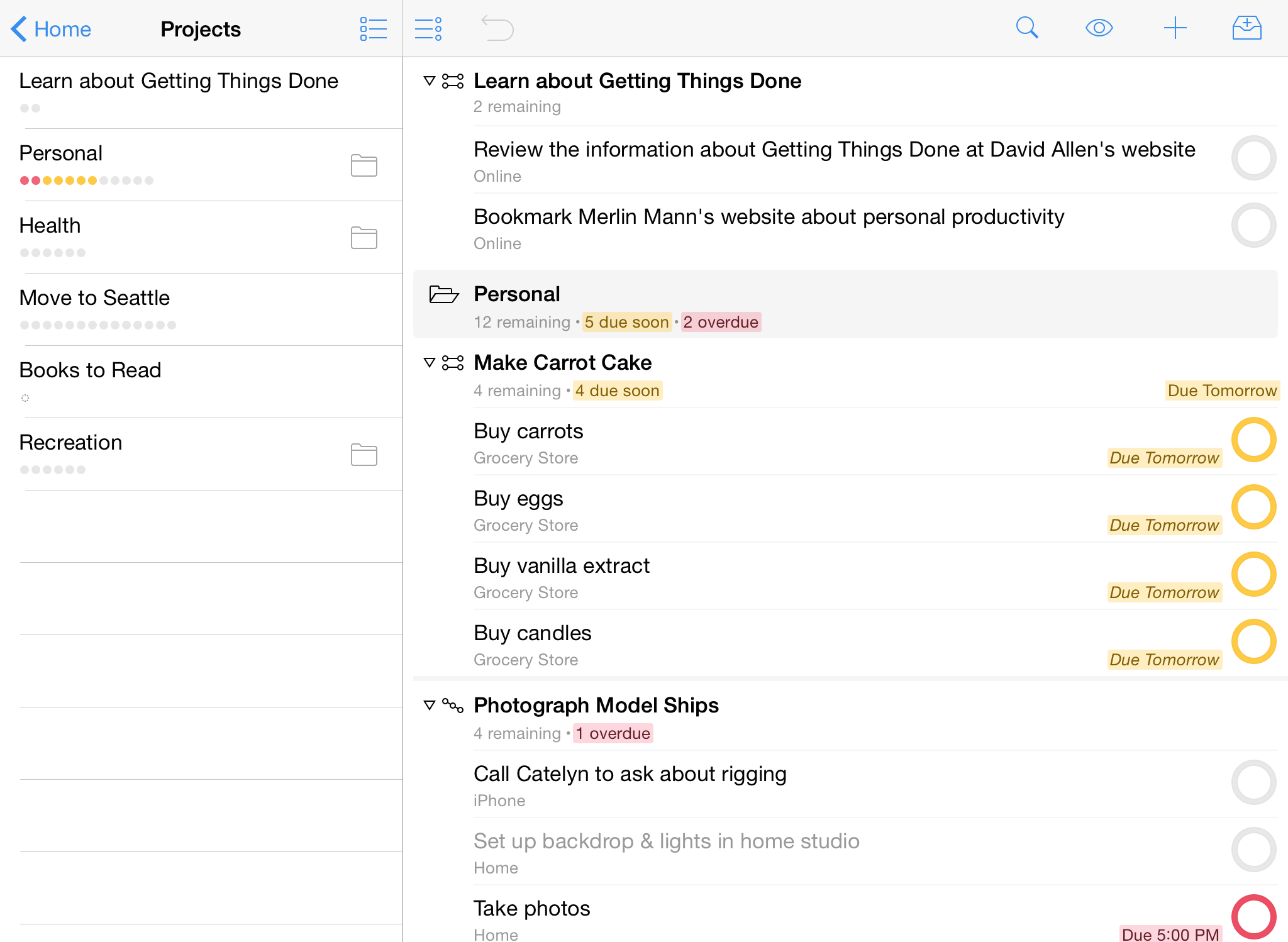 An example of the Projects perspective in OmniFocus 2 for iOS on iPad.
