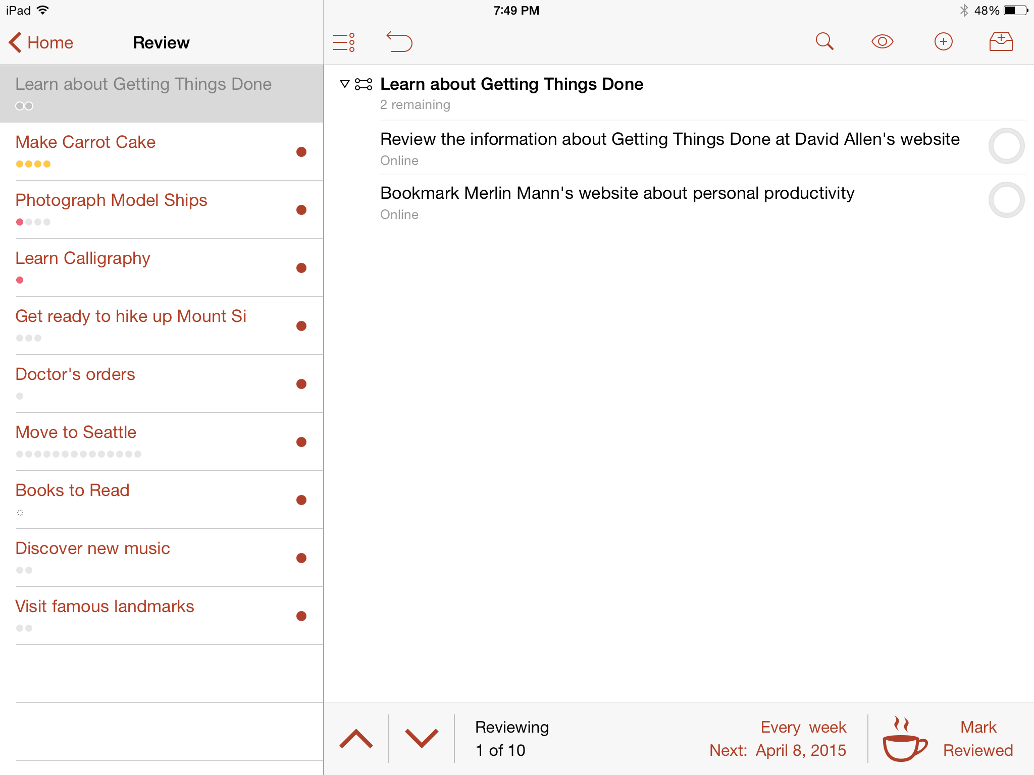 An example of the Review perspective in OmniFocus 2 for iOS on iPad.