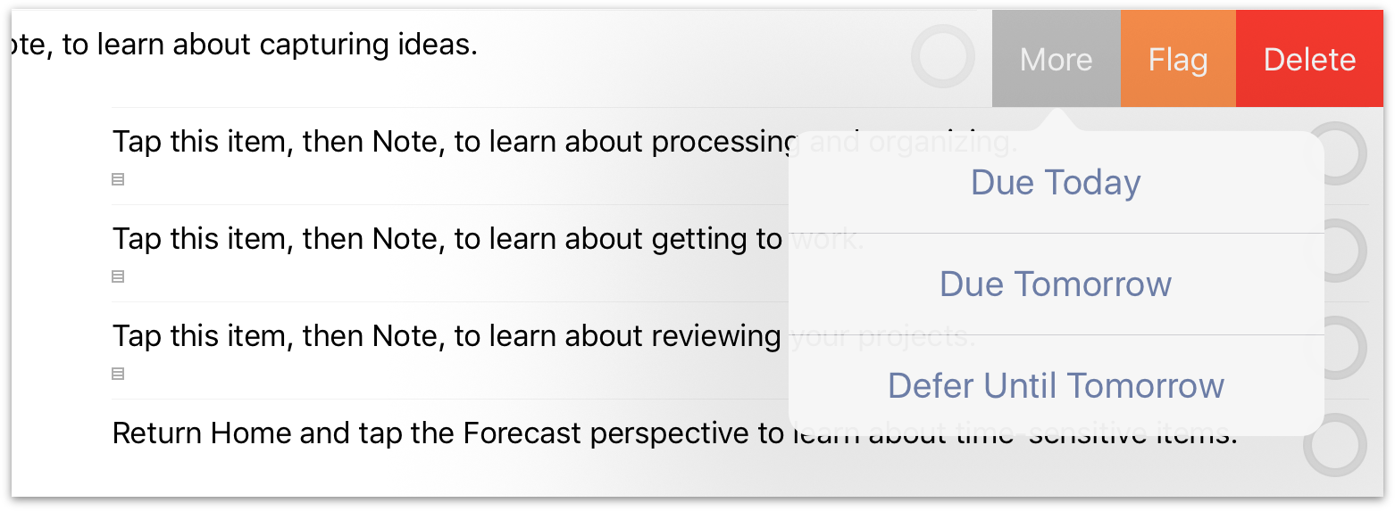 Swiping to access quick controls on an action in OmniFocus 2.12 for iOS.