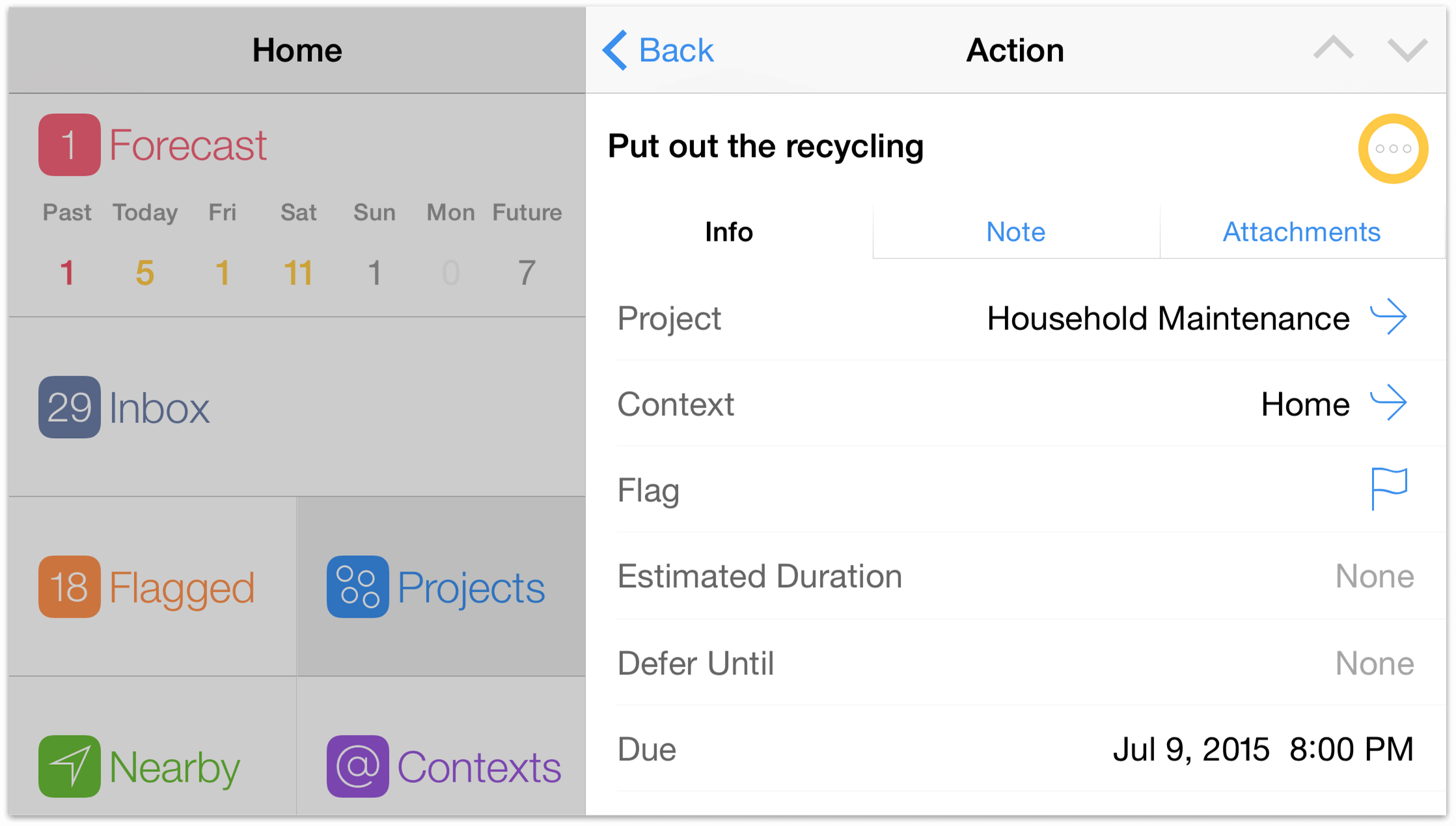 The action editor in OmniFocus for iOS on iPhone 6 Plus.