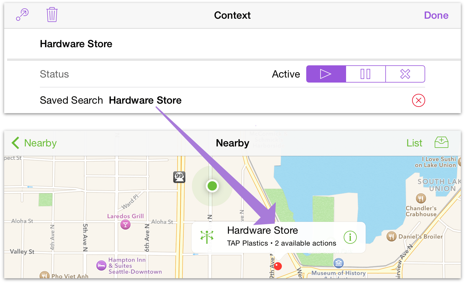 The Hardware Store context with a location search assigned, and how it appears in the Nearby perspective's map.