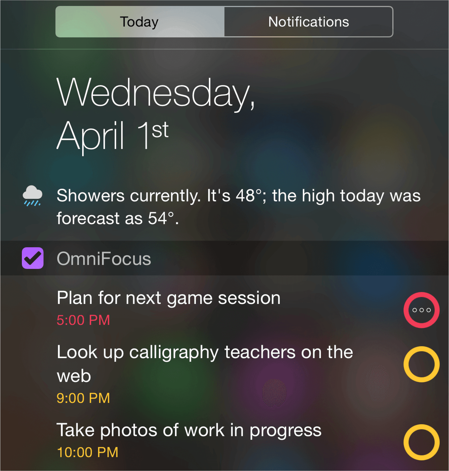 The Today extension with currently due OmniFocus actions visible.