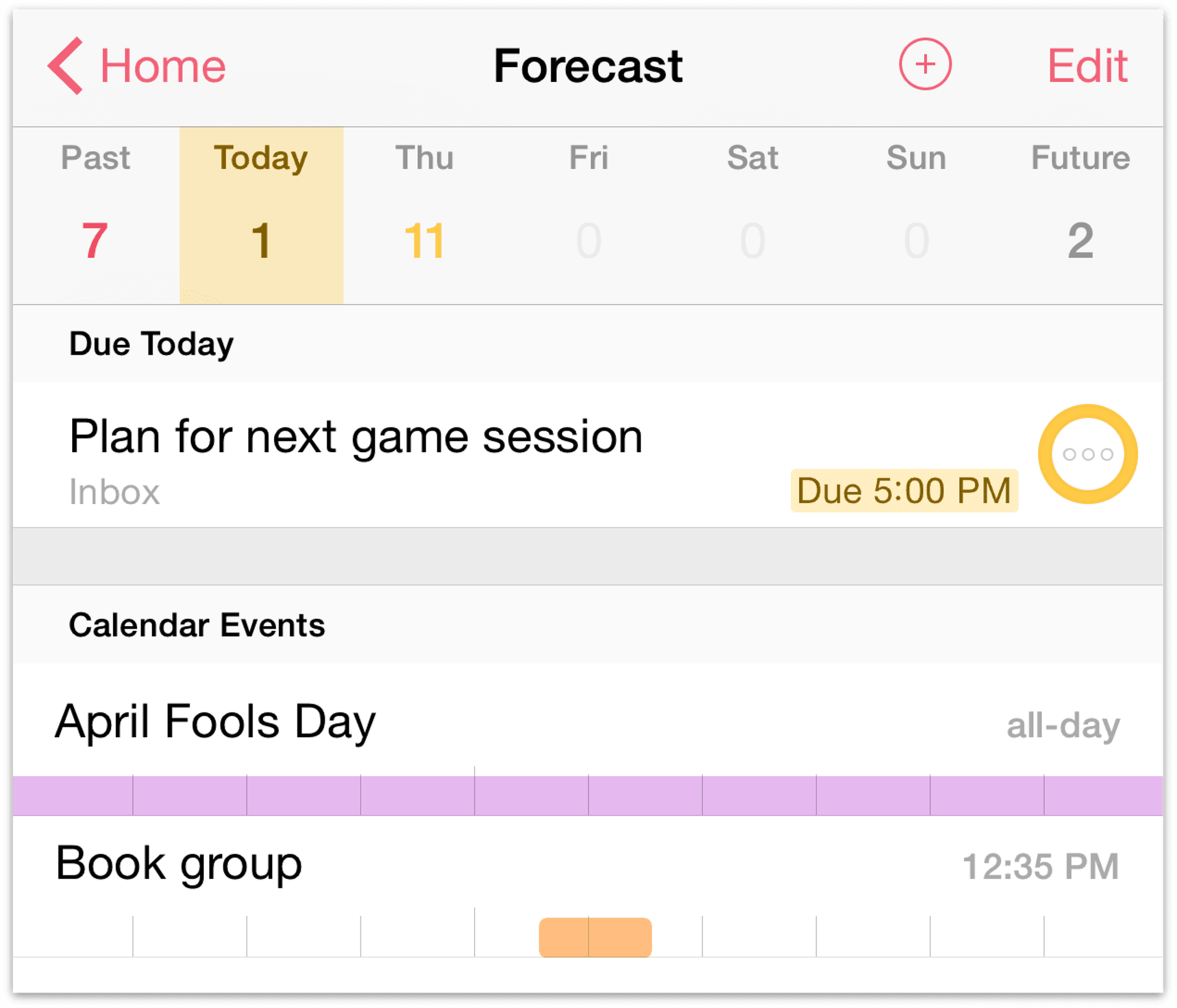 The Forecast perspective in OmniFocus 2 for iOS, on iPhone 6 Plus.