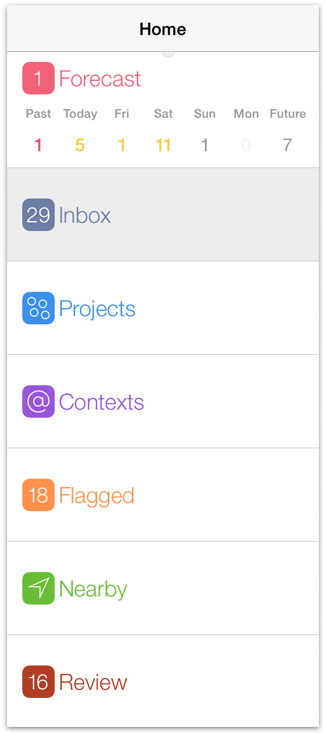 The sidebar in OmniFocus for iOS on iPad, when viewing the home screen.