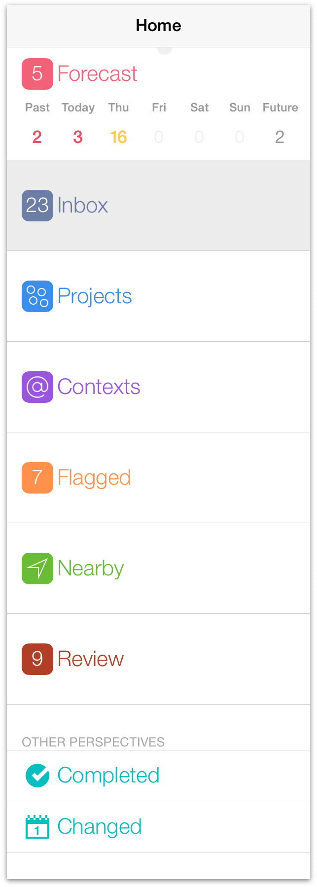 The default list of perspectives as shown in OmniFocus 2 for iOS on iPad.
