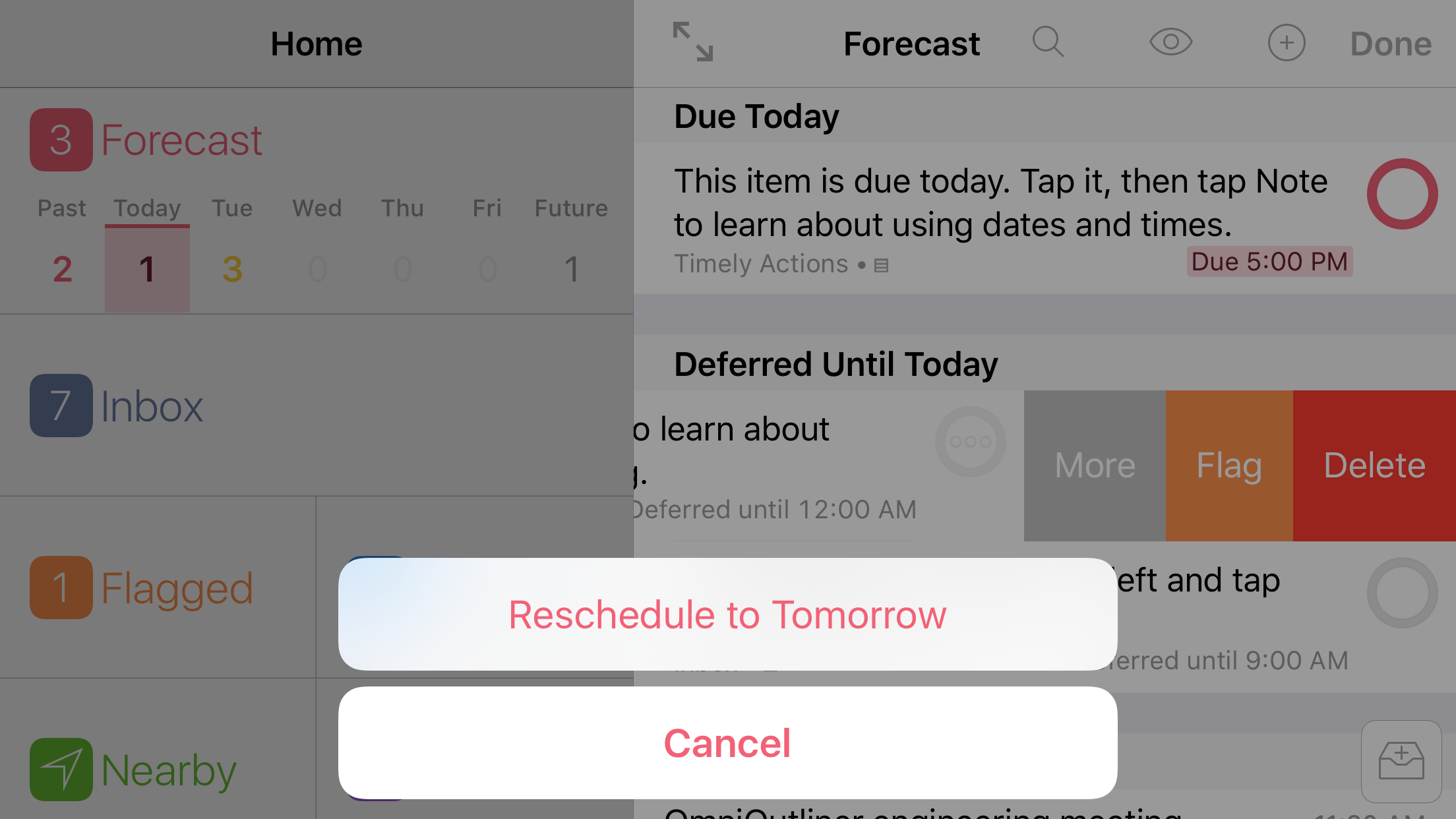 Rescheduling a deferred repeating action using the quick commands from the More menu.