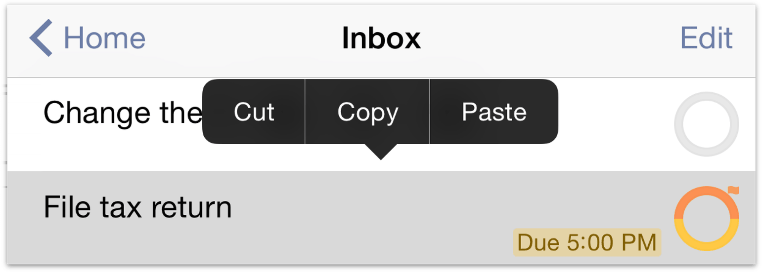 Contextual menus in OmniFocus 2 for iOS.