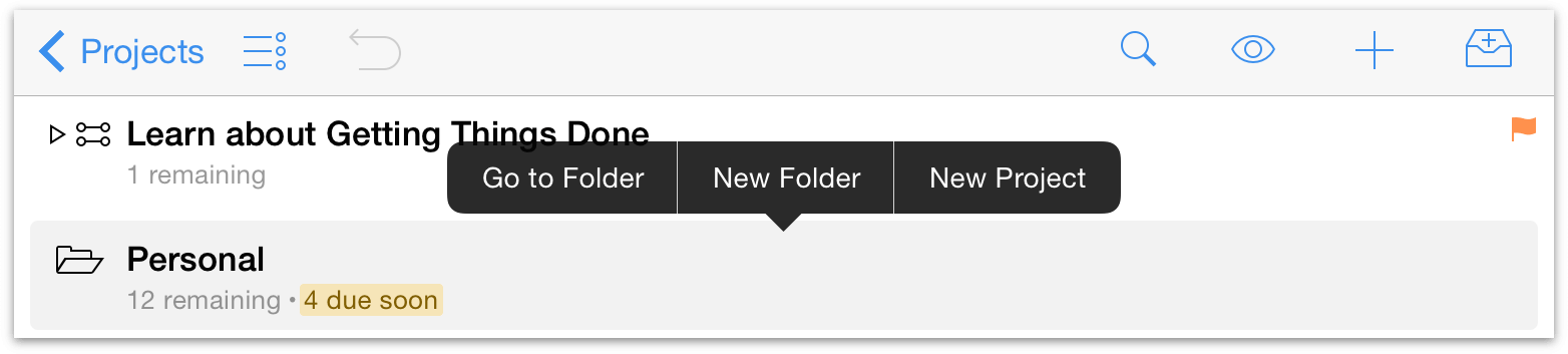 Contextual menu for projects in OmniFocus 2 for iOS on iPad.