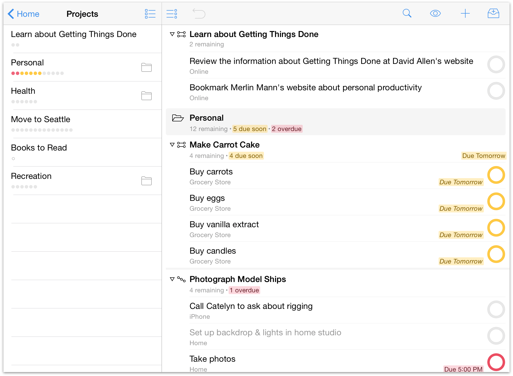 An example of the Projects perspective in OmniFocus 2 for iOS on iPad.