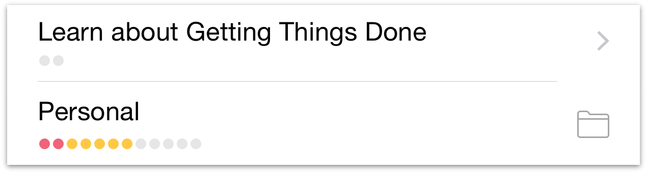 Summary dots beneath projects in OmniFocus 2 for iOS.