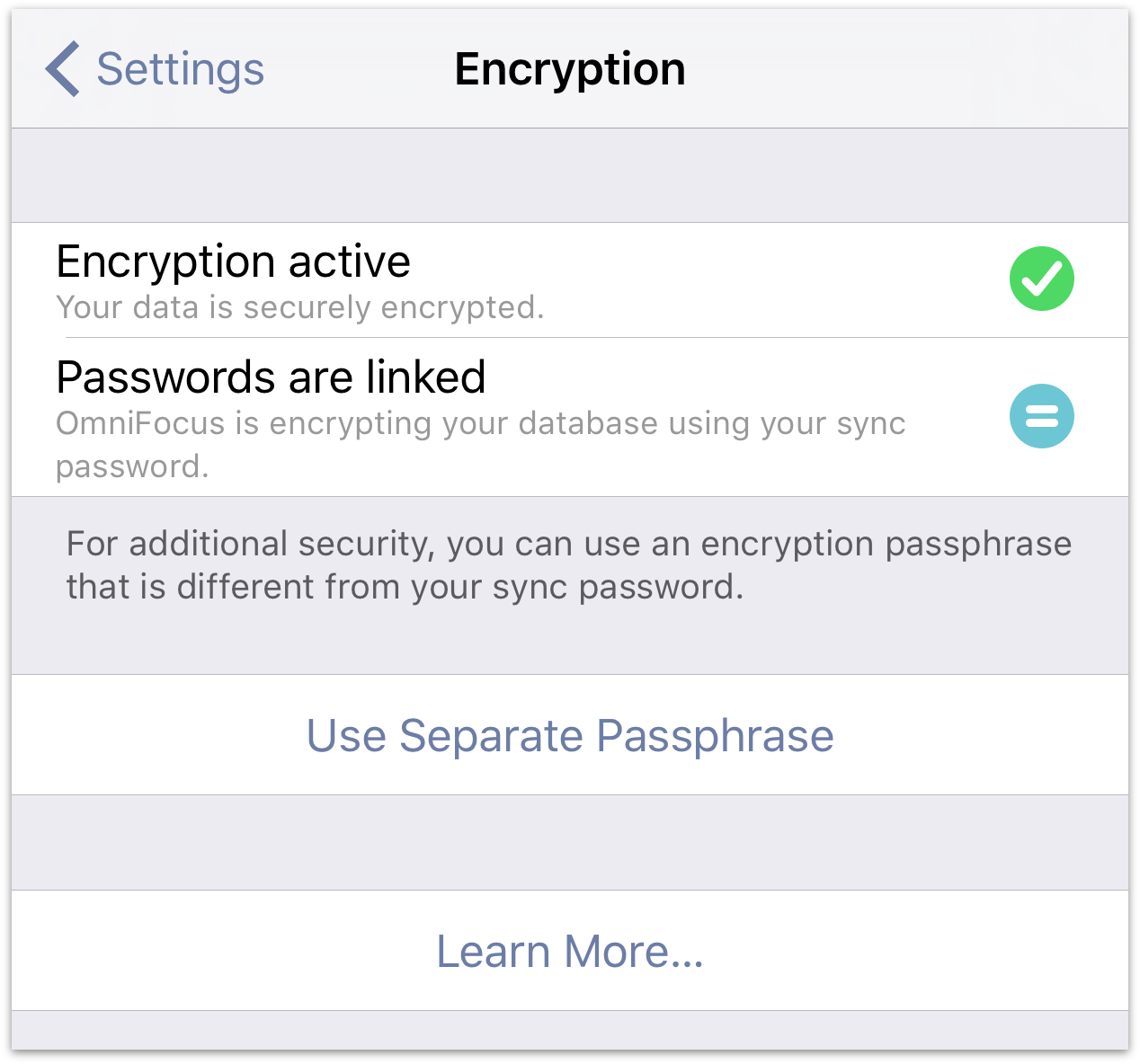 Setting a separate password for encryption of your OmniFocus database.