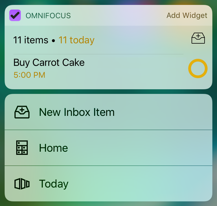 Today extension settings in OmniFocus for iOS.