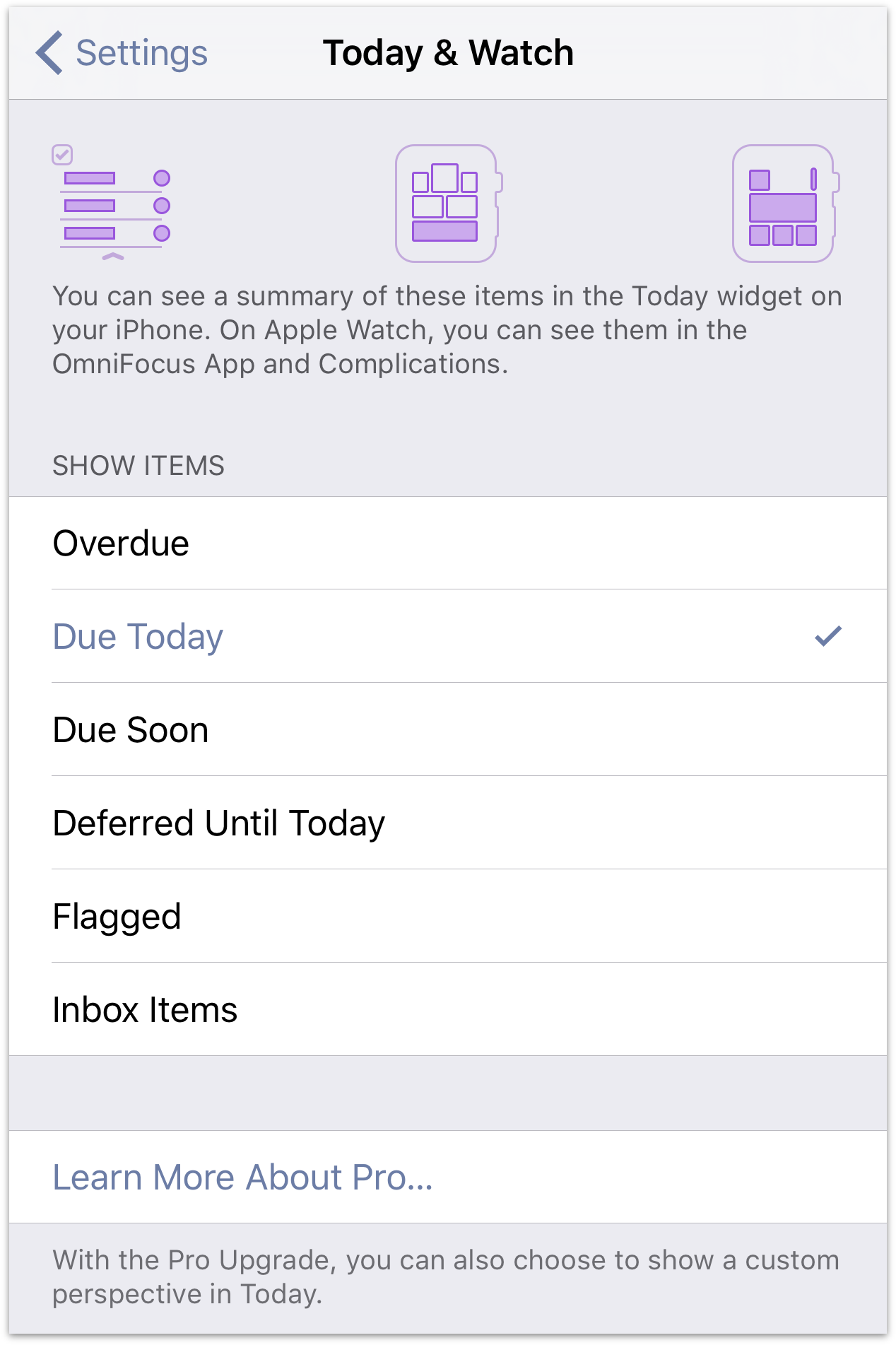 Today extension settings in OmniFocus for iOS.