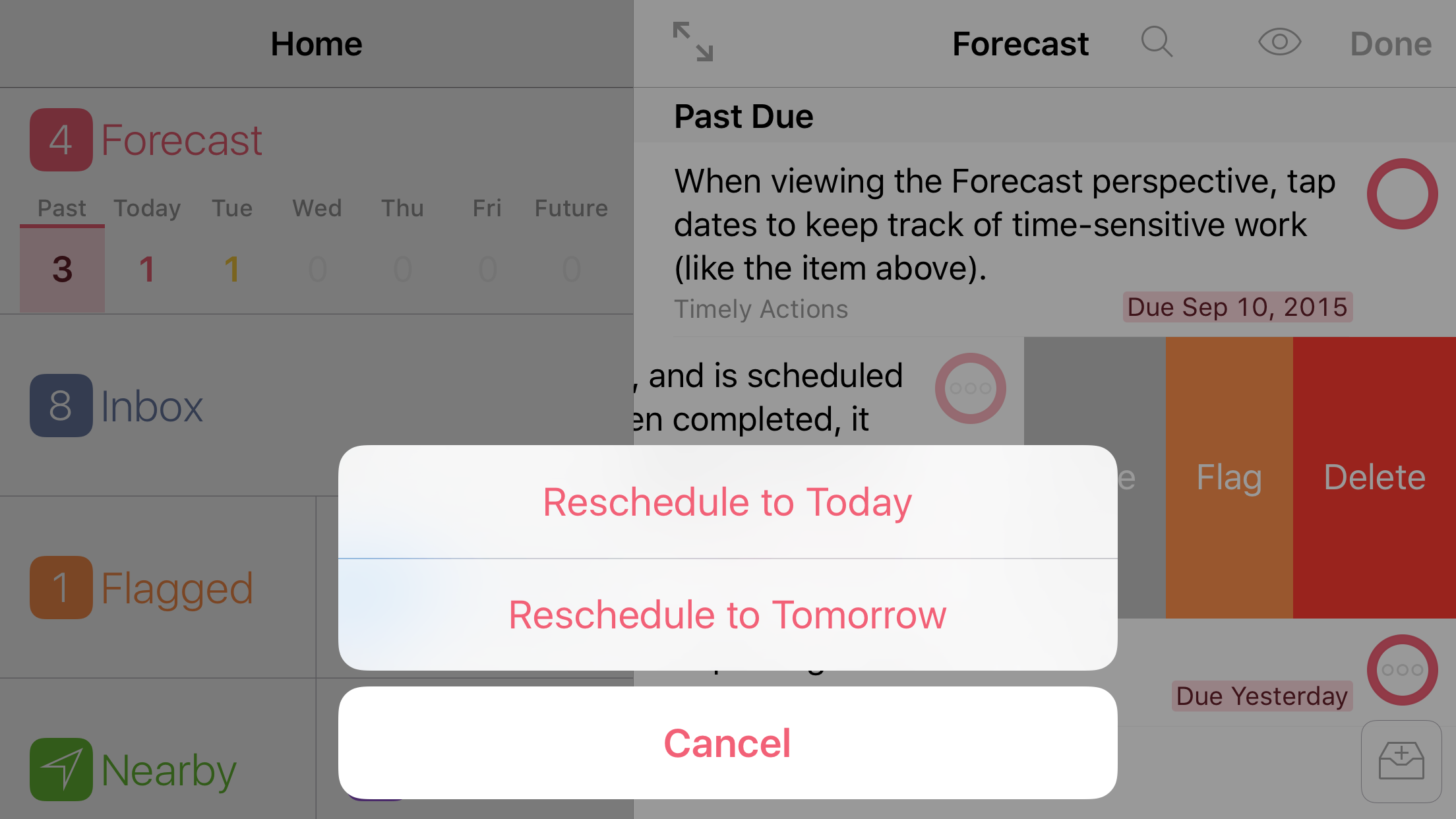 Rescheduling a repeating action using the quick commands from the More menu.