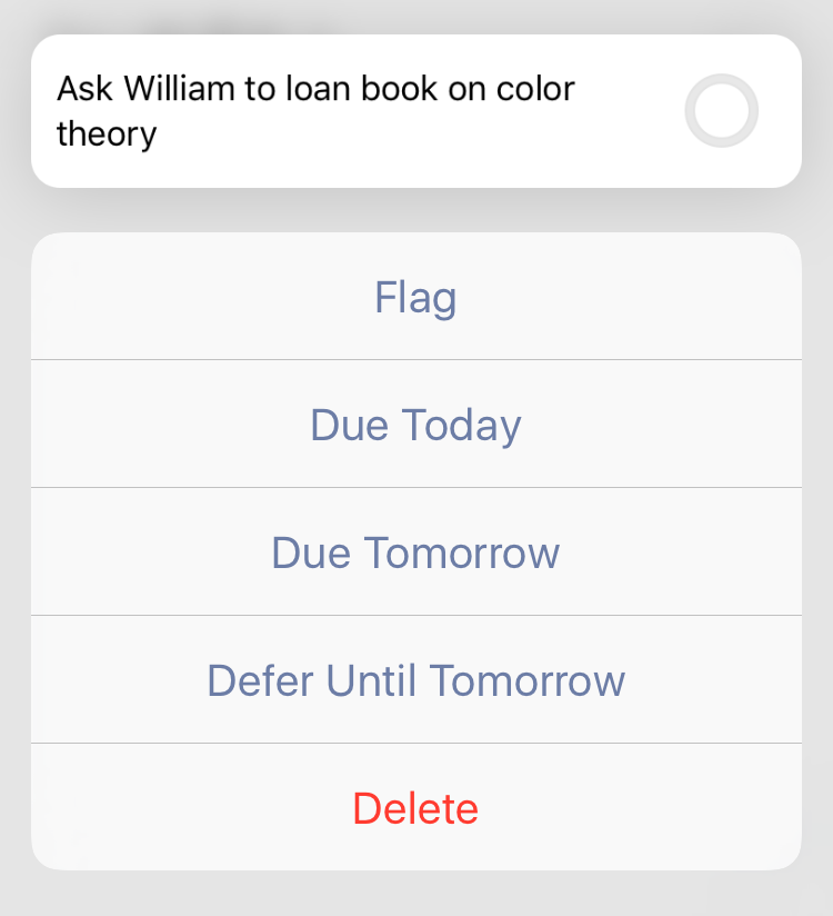 Peeking at an action in OmniFocus 2.12 for iOS on iPhone 6s.