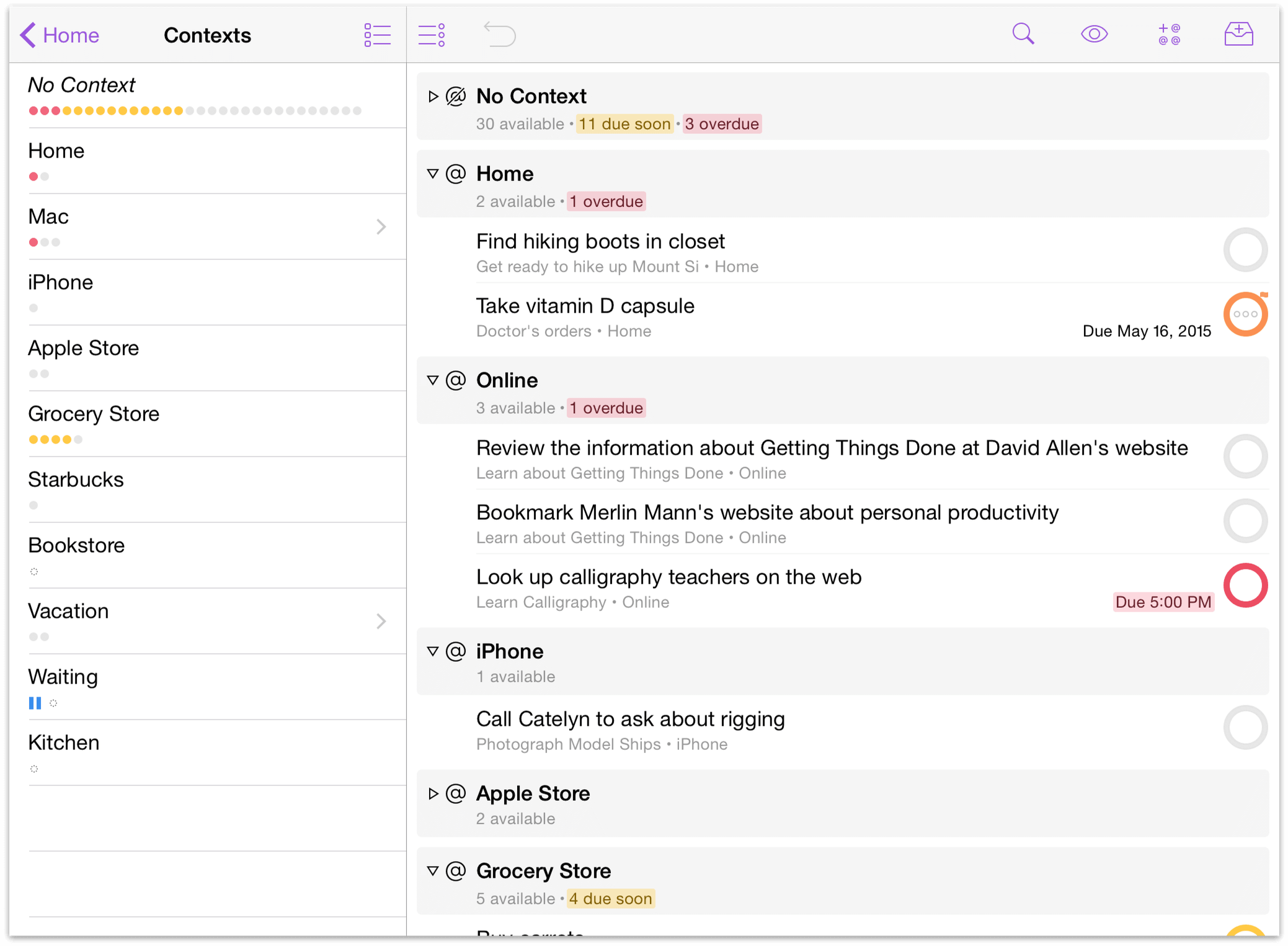 An example of the Contexts perspective in OmniFocus 2 for iOS on iPad.