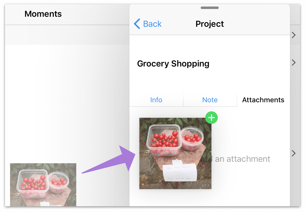 Dragging a photo from the Photos app into OmniFocus as an attachment.