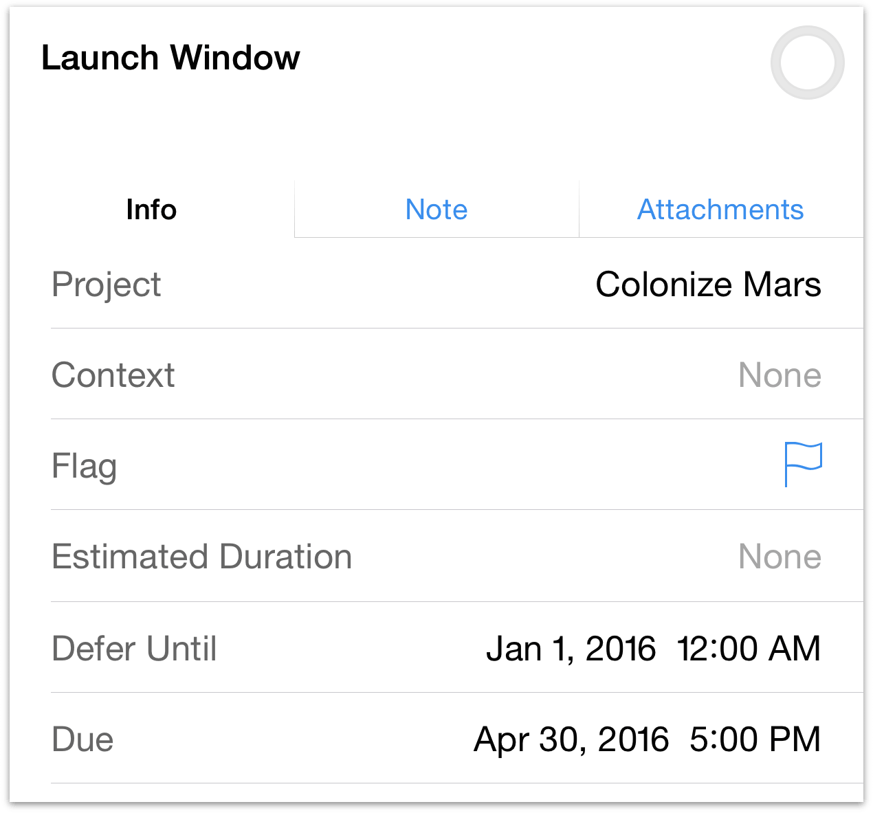 Creating a Launch Window action in the Colonize Mars project, bracketed by a defer until date and a due date.