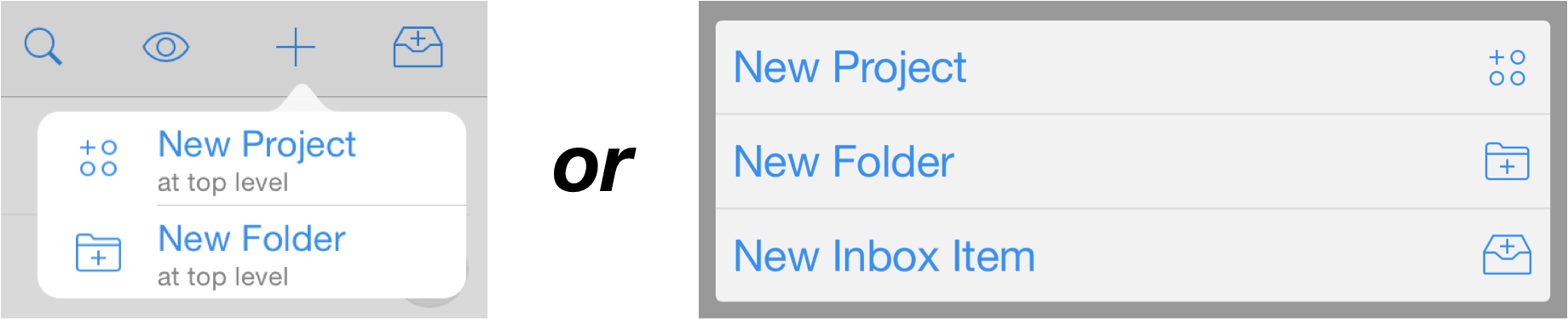 Adding a new folder in OmniFocus for iOS on iPad and iPhone.