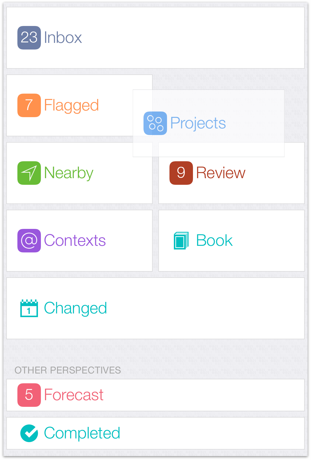 Reordering perspectives using the tile editor in OmniFocus 2 for iOS on iPhone 6 Plus.