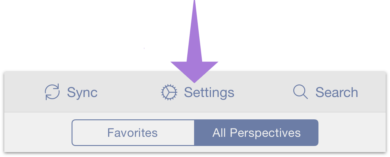 The Settings menu is reached from the secret bar in OmniFocus for iOS.