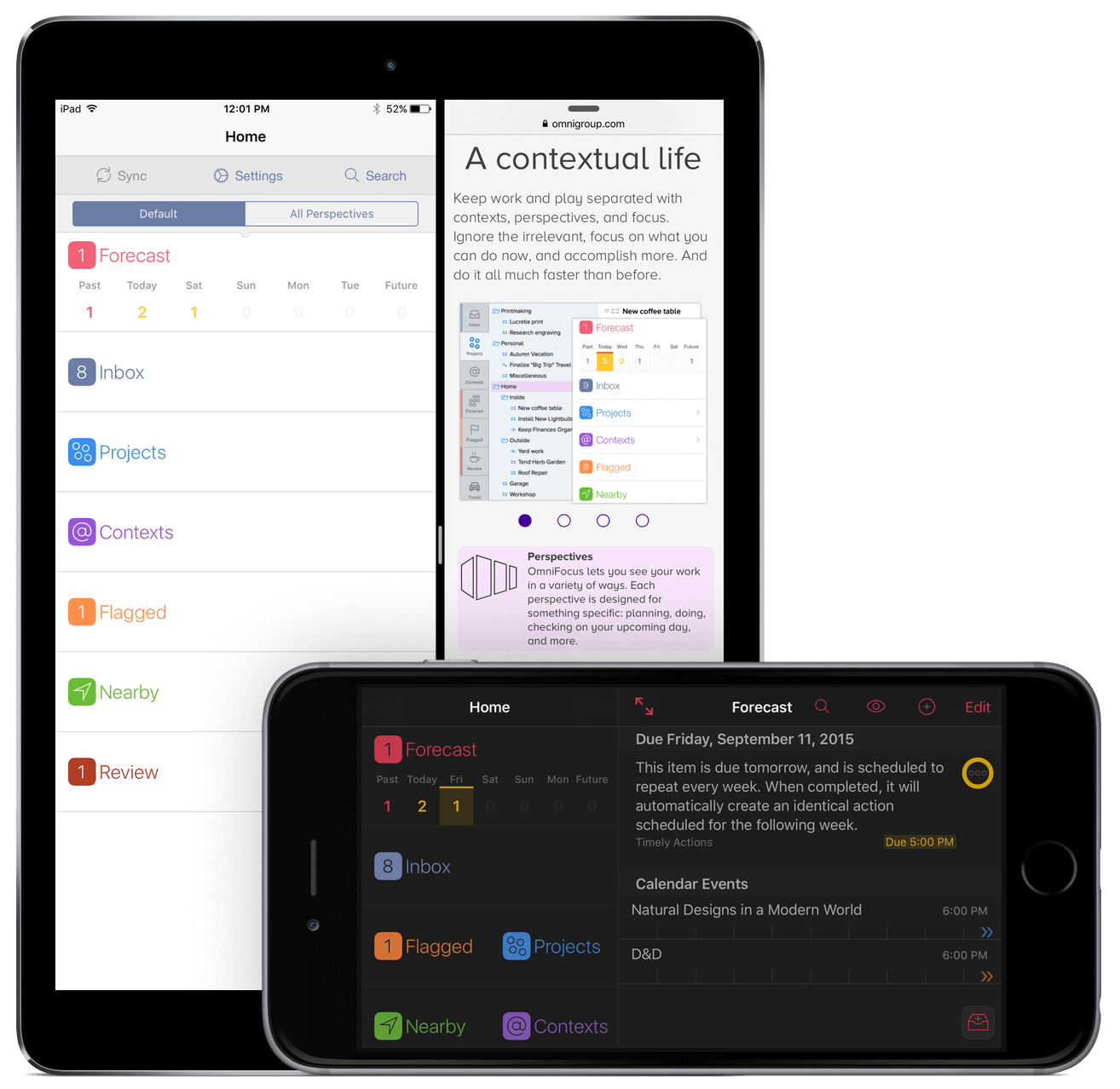 OmniFocus 2 for iOS in landscape orientation on iPhone 6 Plus, and in portrait orientation on iPad Air 2.