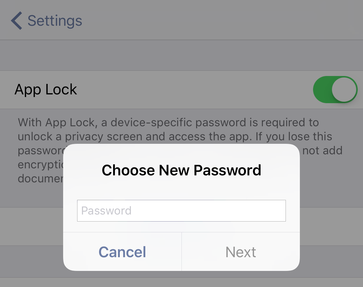 You are prompted to choose a new password when setting up App Lock for the first time.