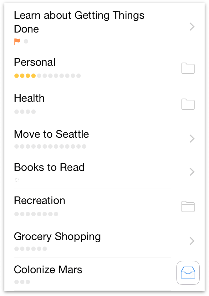 The main outline in OmniFocus for iOS on iPhone.