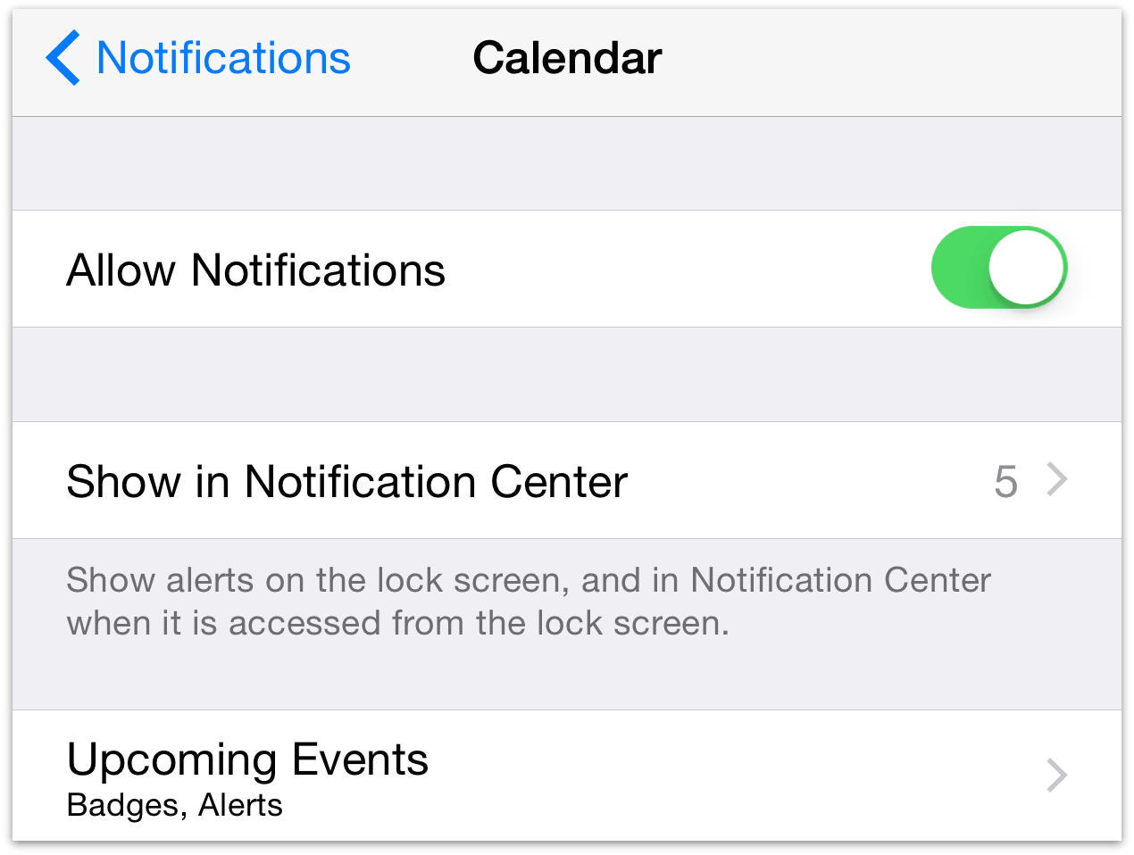 Calendar Notifications and Alerts settings in the iOS Settings app.