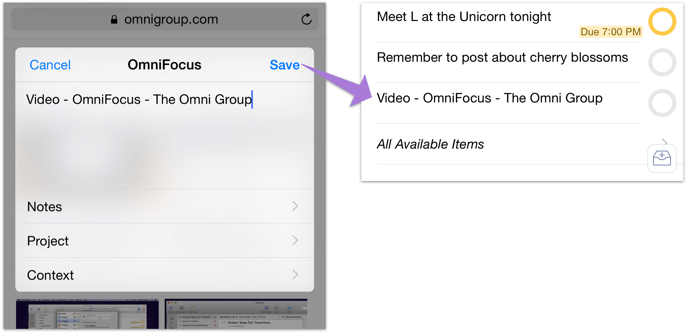 Sharing a website to OmniFocus using the Share extension.