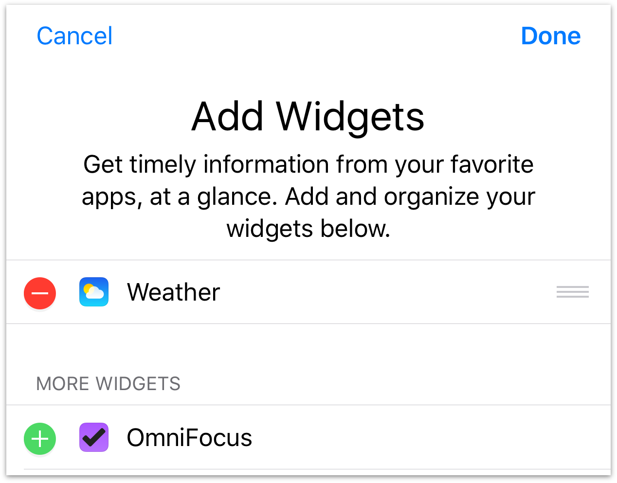 Setting up the Today extension with OmniFocus close to the top of the list.