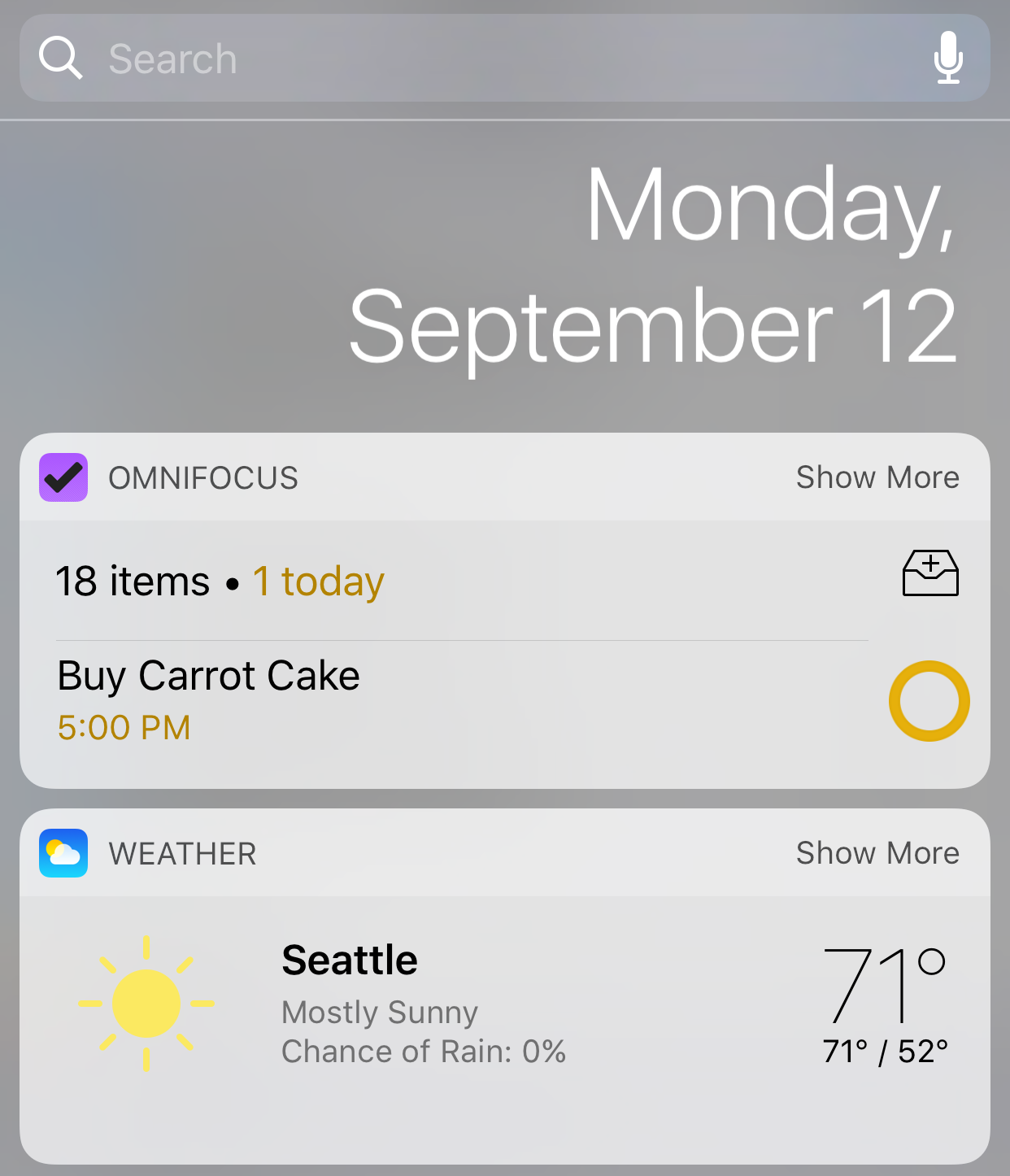 The Today extension with currently due OmniFocus actions visible.