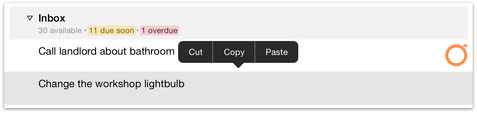 Contextual menu for actions and inbox items in OmniFocus 2 for iOS on iPad.