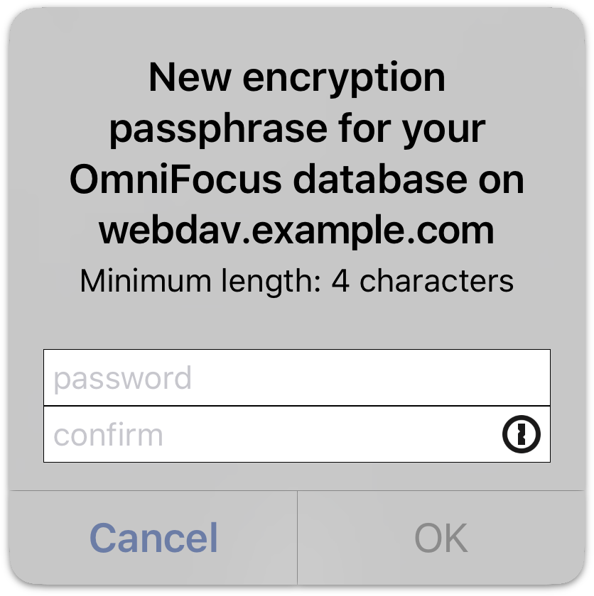 Setting a separate database passphrase; the 1Password button is visible on the password entry field.
