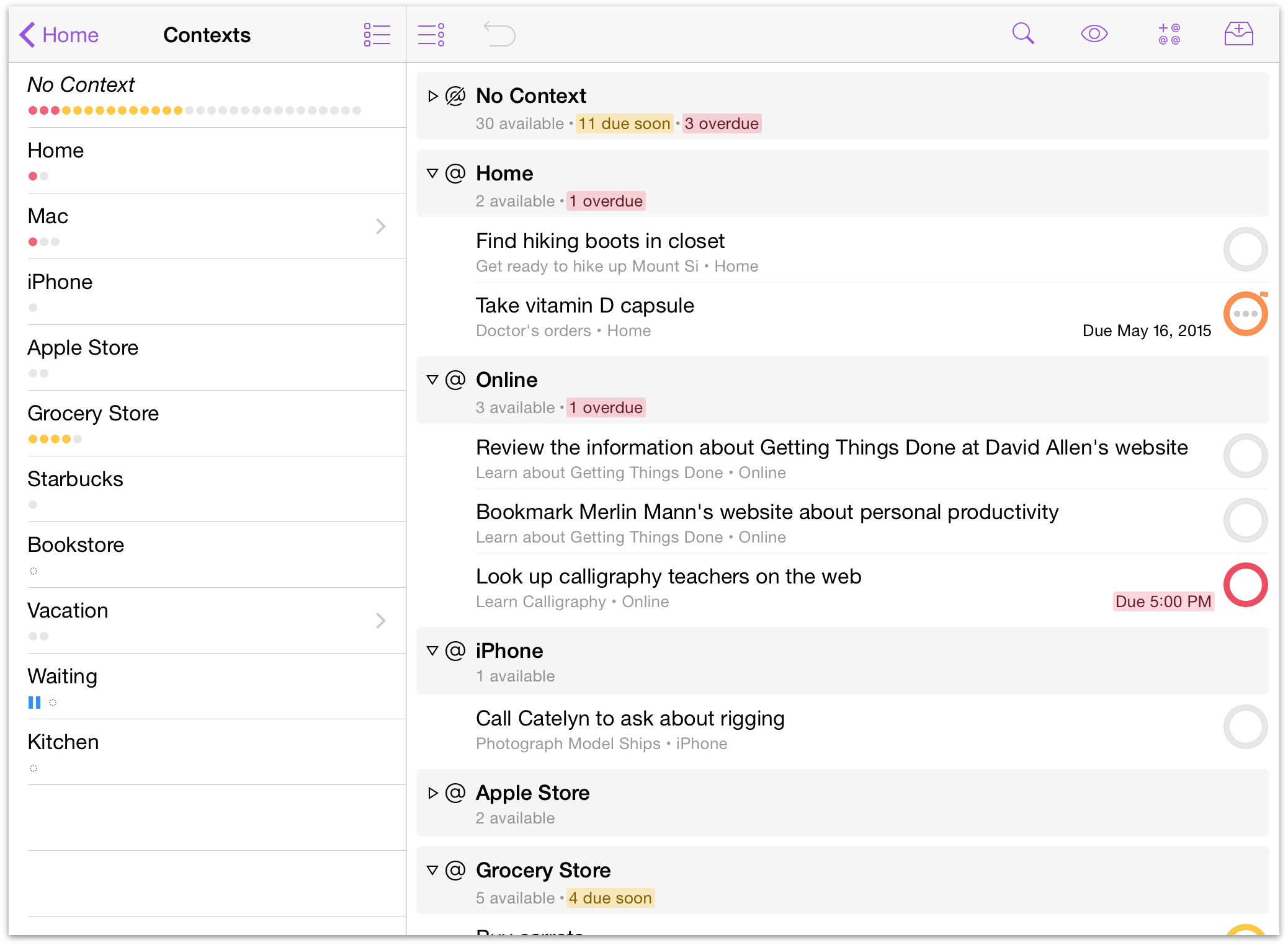 An example of the Contexts perspective in OmniFocus 2 for iOS on iPad.