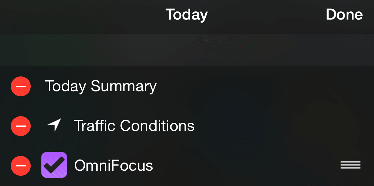 Setting up the Today extension with OmniFocus close to the top of the list.