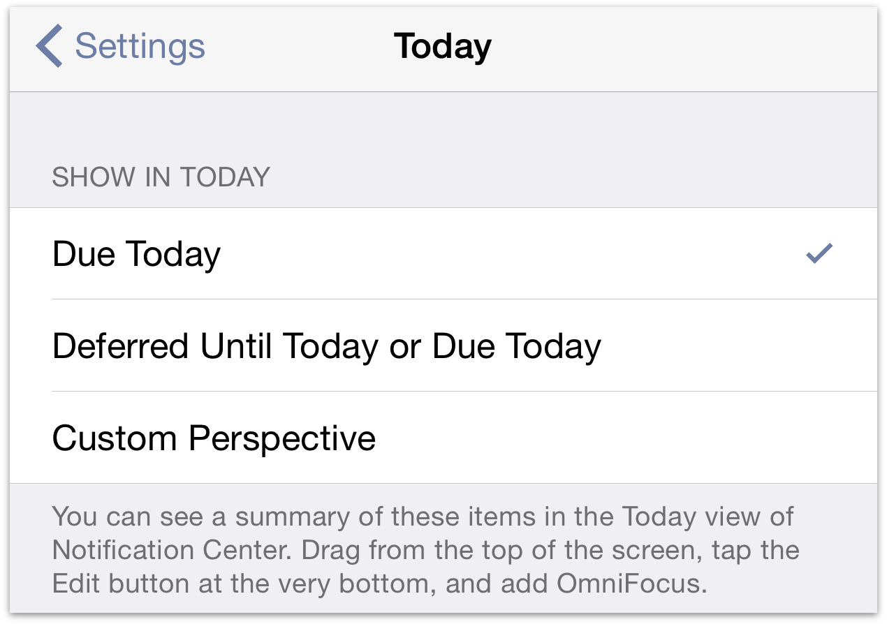 Today extension settings in OmniFocus for iOS.