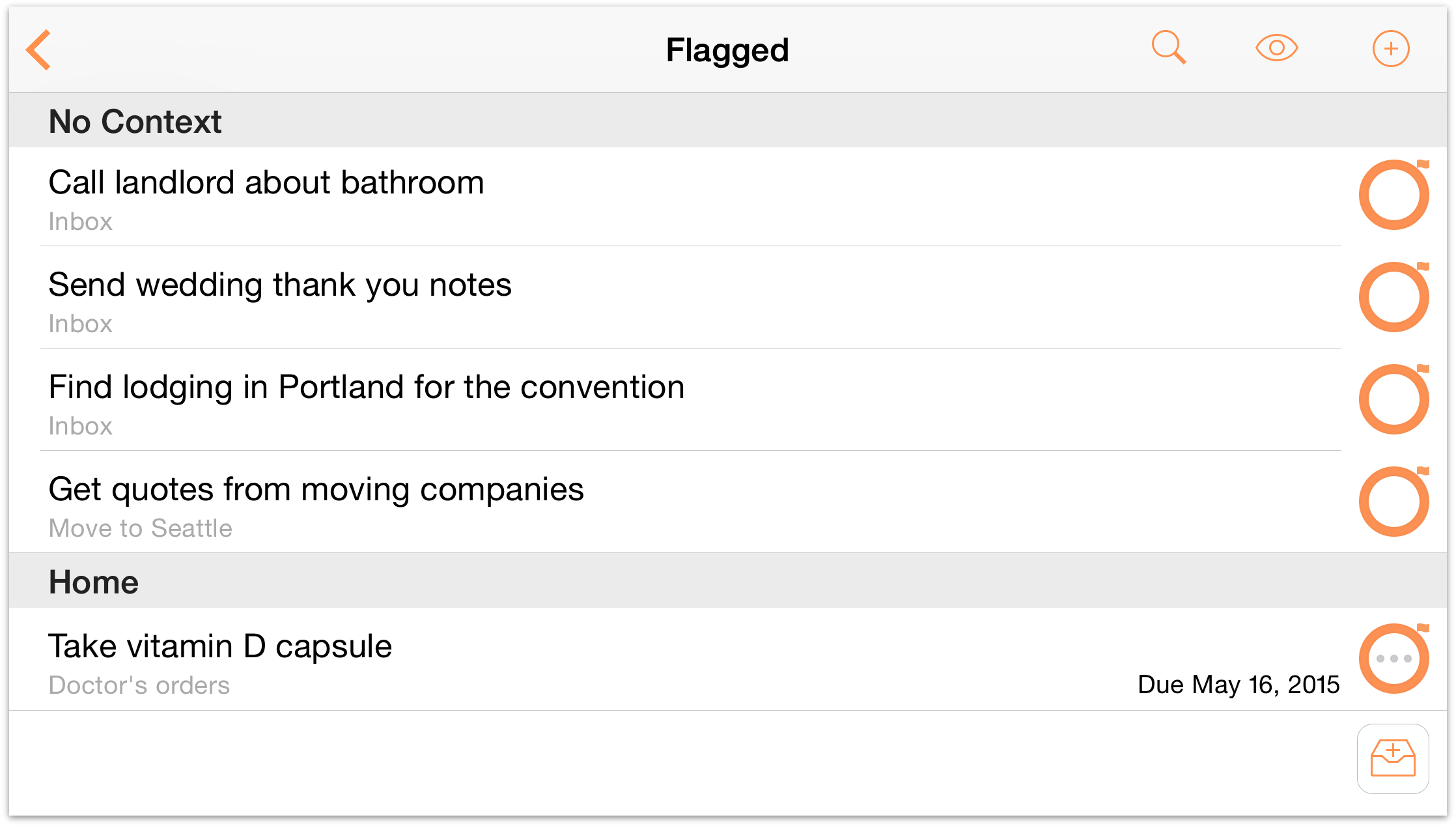 An example of the Flagged perspective in OmniFocus 2 for iOS on iPhone 6 Plus.