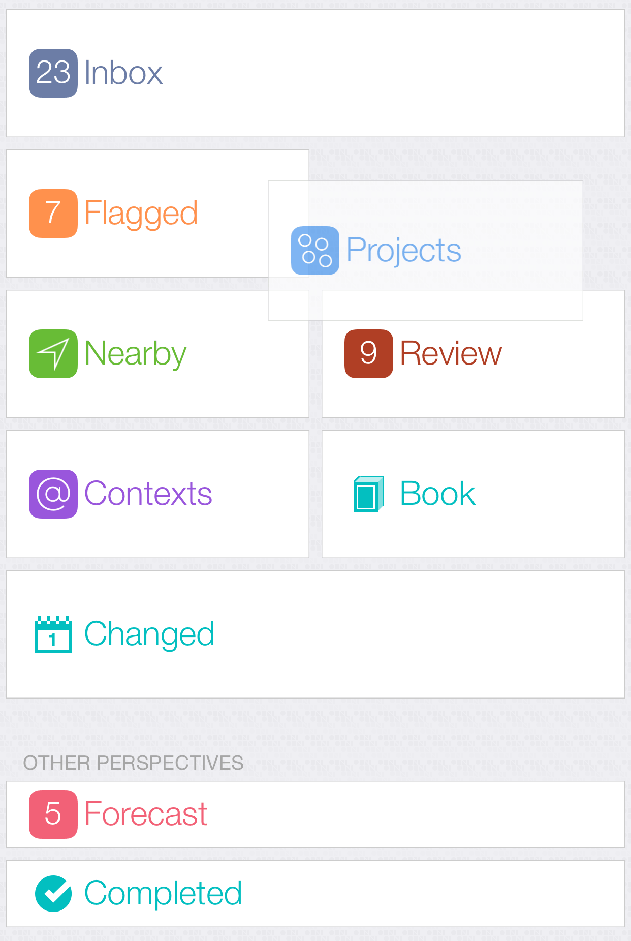 Reordering perspectives using the tile editor in OmniFocus 2 for iOS on iPhone 6 Plus.
