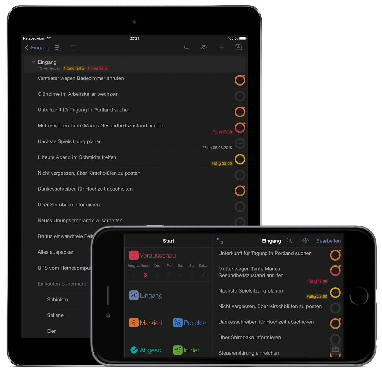 OmniFocus 2 für iOS im Querformat auf dem iPhone 6 Plus und im Hochformat auf dem iPad Air 2 im Modus „Dunkle Palette“