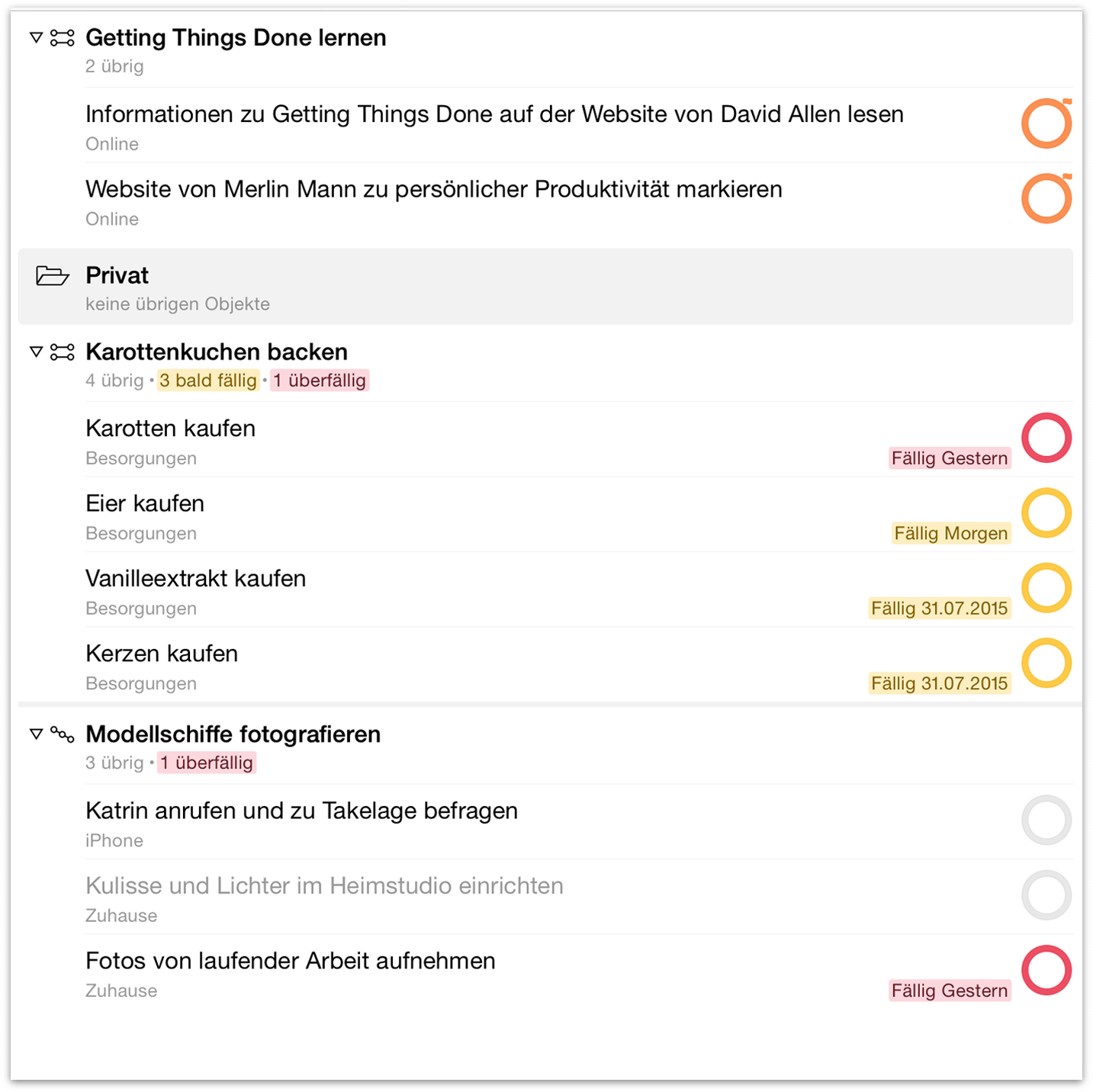 Hauptgliederung in OmniFocus für iOS auf dem iPad