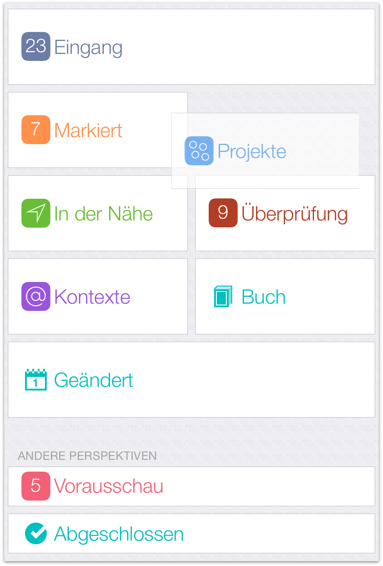 Neuanordnen von Perspektiven mit dem Kacheleditor in OmniFocus 2 für iOS auf dem iPhone 6 Plus