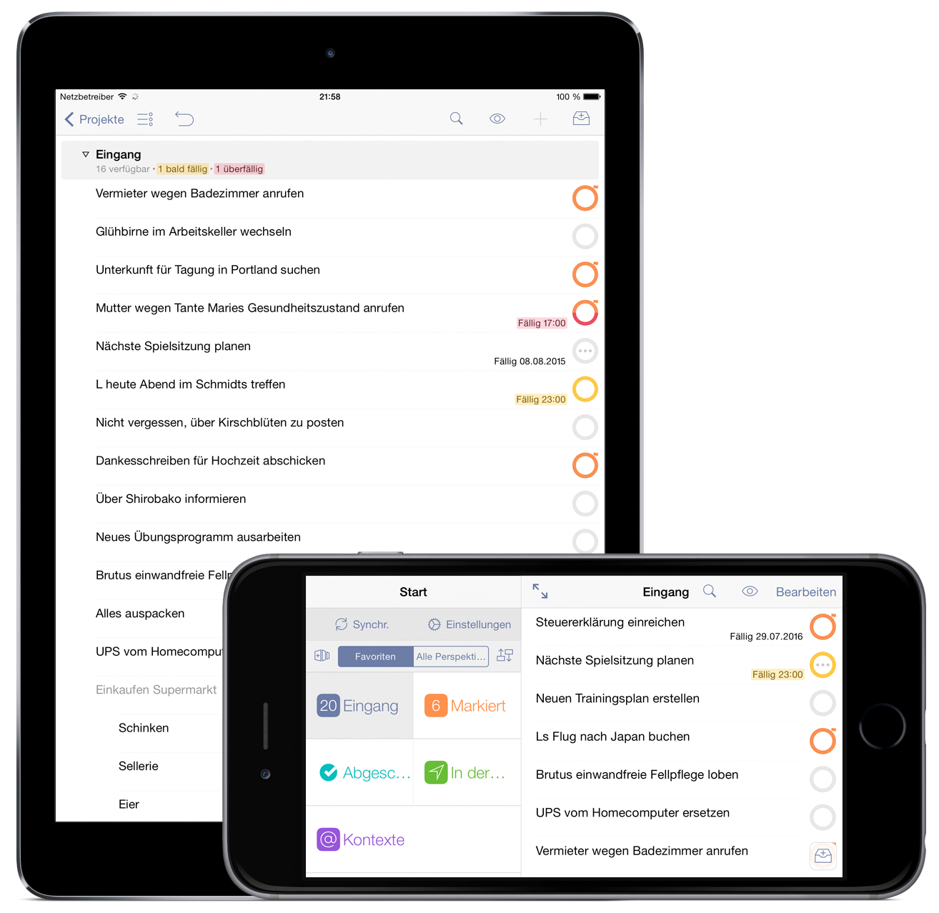 OmniFocus 2 Pro für iOS im Querformat auf dem iPhone 6 Plus und im Hochformat auf dem iPad Air 2