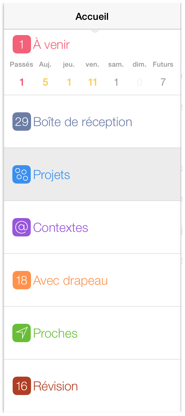 Barre latérale dans OmniFocus pour iOS sur iPad lorsque l'écran d'accueil est affiché.